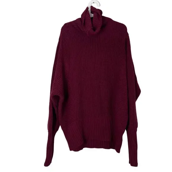 Free People Burgundy Turtleneck Oversized Chunky Knit Sweater Women’s XS - Picture 4 of 8